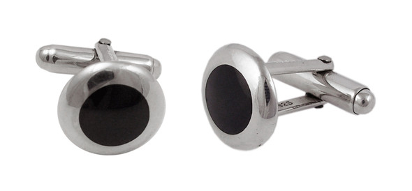 Cufflinks Round Black Onyx Design English Sterling Silver. SKU #: CU431.