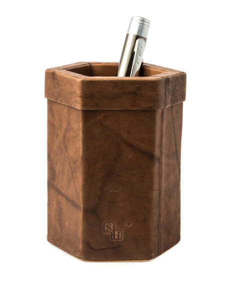 Leather Octagonal Pencil Holder-Celtic Motiff. SKU #: KM803PEC.