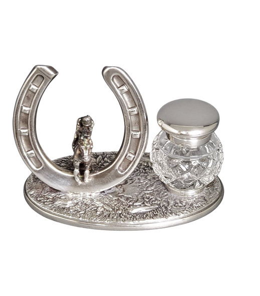 Horse Shoe & Rider Inkwell English Silver Plate. SKU #: C1045.