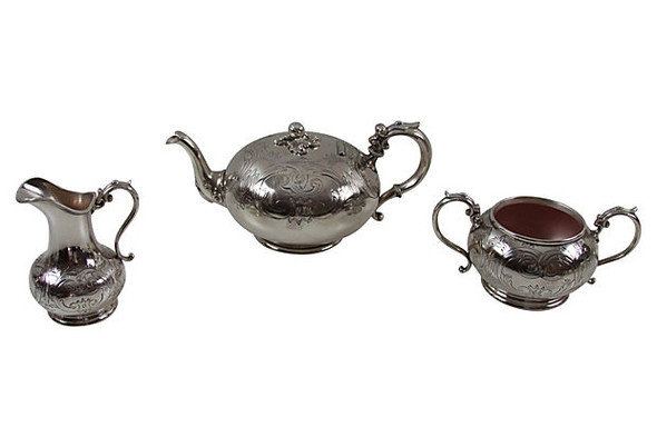 3-Pc English Engraved Tea Set, Silver Plate c.1860. SKU #: ASK437.