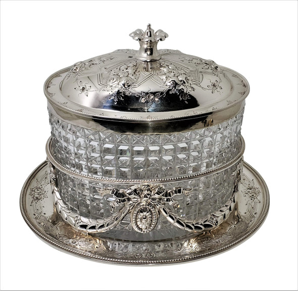 Oval Cut Crystal Hobnail Design Biscuit Box 9"l x 6.5"h English Silver Plate c.1860. SKU #: ANT8509.