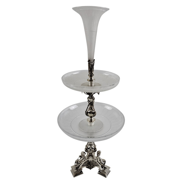 2 Tier Centerpiece with Center Vase English Silver Plate c.1860. SKU #: A001.