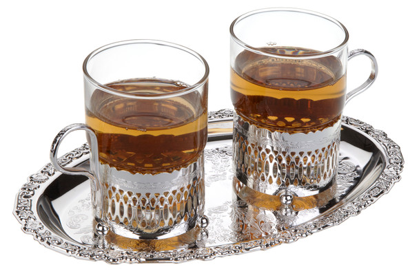 Queen Anne 2 Roman Tea Cups on Oval Tray Tray 3 3/4"h x 6"w x 9 3/8"l English Silver Plate (Tarnish Resistant). SKU #: 0/6321.