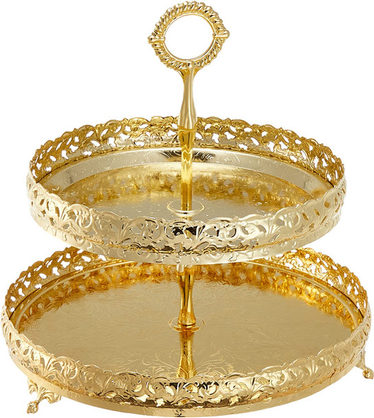 Queen Anne 2 Tier Gallery Cake Stand Silver Plate (Gold Finish). SKU #: Q4/5792.