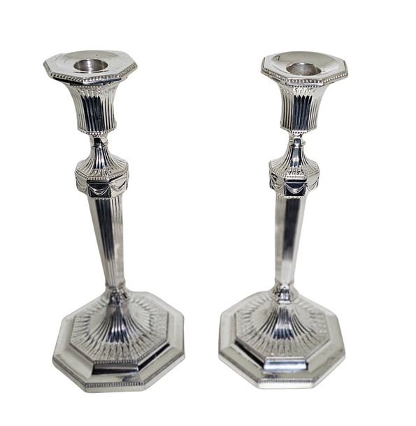 Pair Octagonal Bead Edge Candlesticks 11.5"h English Silver Plate c.1860. SKU:ANT4041