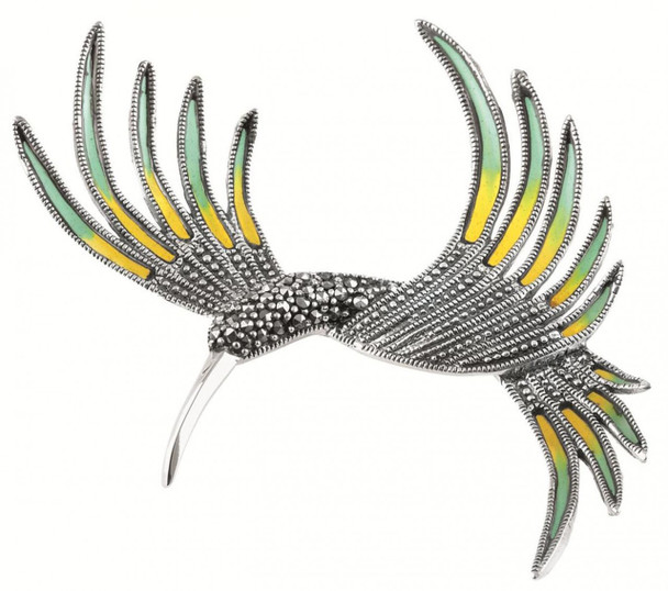 Yellow and green enamel and marcasite set hummingbird brooch (B509)