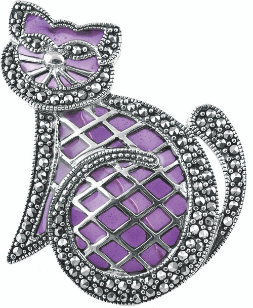 Purple enamel and marcasite set cat brooch (B642)