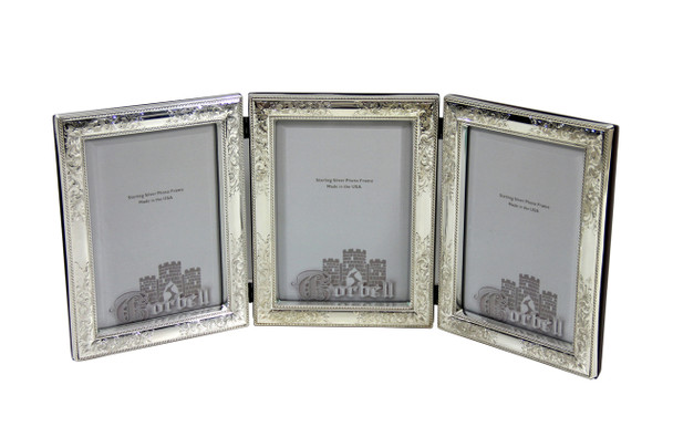 Triple Heavy Quality Sterling engraved Frame with wood back & beveled glass.The hinges are sturdy hold each frame together.