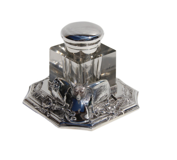 Ink Stand Large Octagonal Fox Head Crop Design Silver Plate. SKU #: C716.