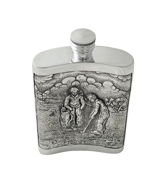 Double Sided Kidney Shaped Embossed Golf Design Pewter Flask 6oz  , Boxed. SKU #: C1079.