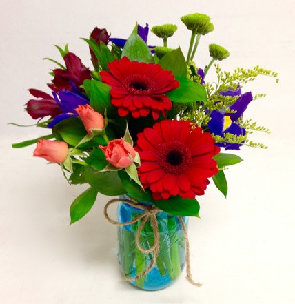 Eco Friendly Blue Mason Jar Posy