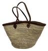 Natural Color Handwoven Straw Basket with Dark Leather Handle - HB018