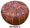 Round Moroccan Leather Pouf with Color Stitching