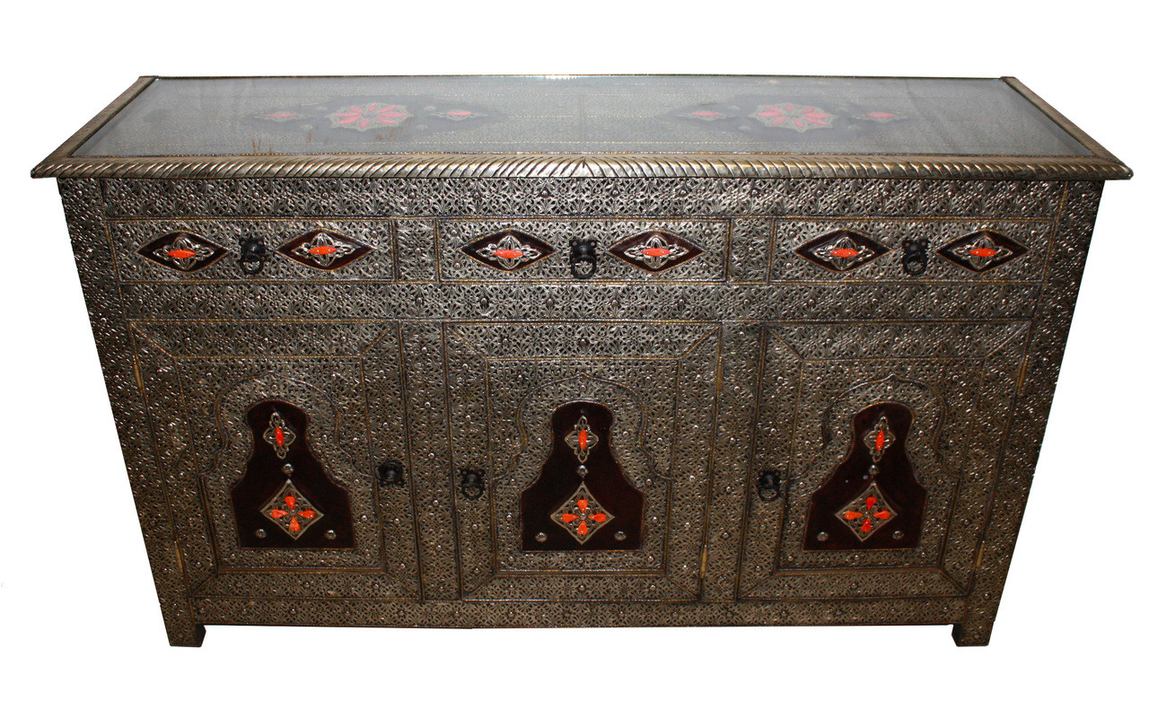 Carved Metal and Orange Bone Cabinet  with Glass Top - MB-CA023