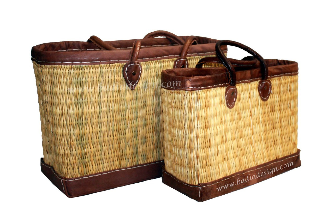 Moroccan Handwoven Straw Handbag with Brown Leather Handle - HB007