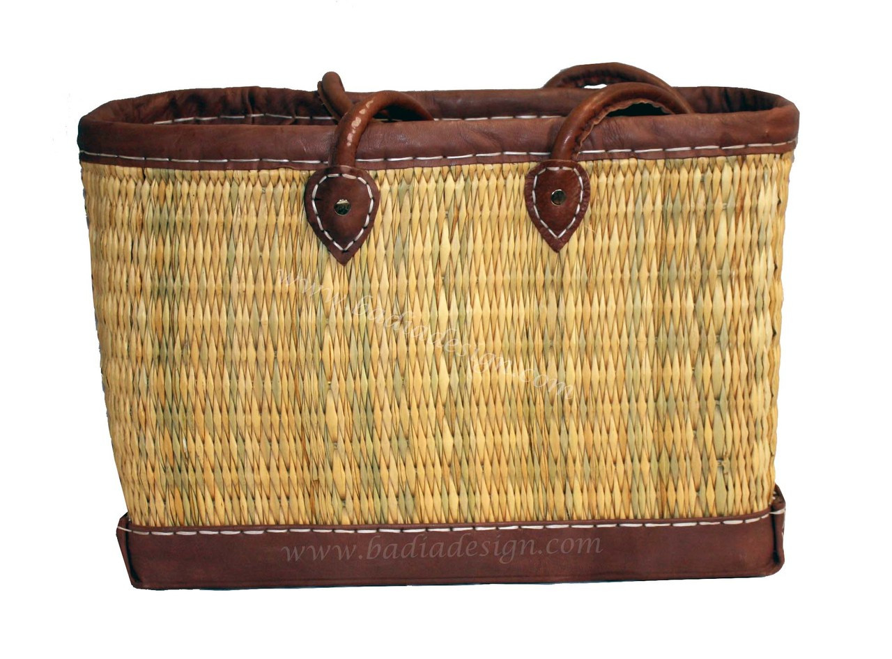 Moroccan Handwoven Straw Handbag with Brown Leather Handle - HB007
