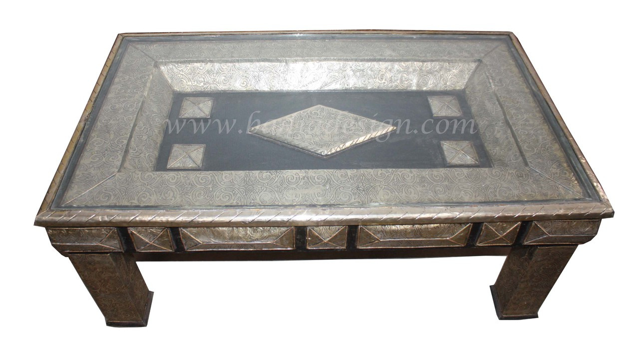 Carved Metal Coffee Table with Glass Top - BR-ST010