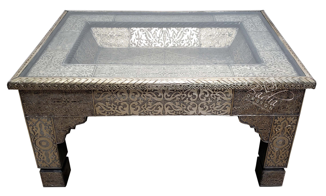 Carved Metal Coffee Table with Glass Top - BR-ST011