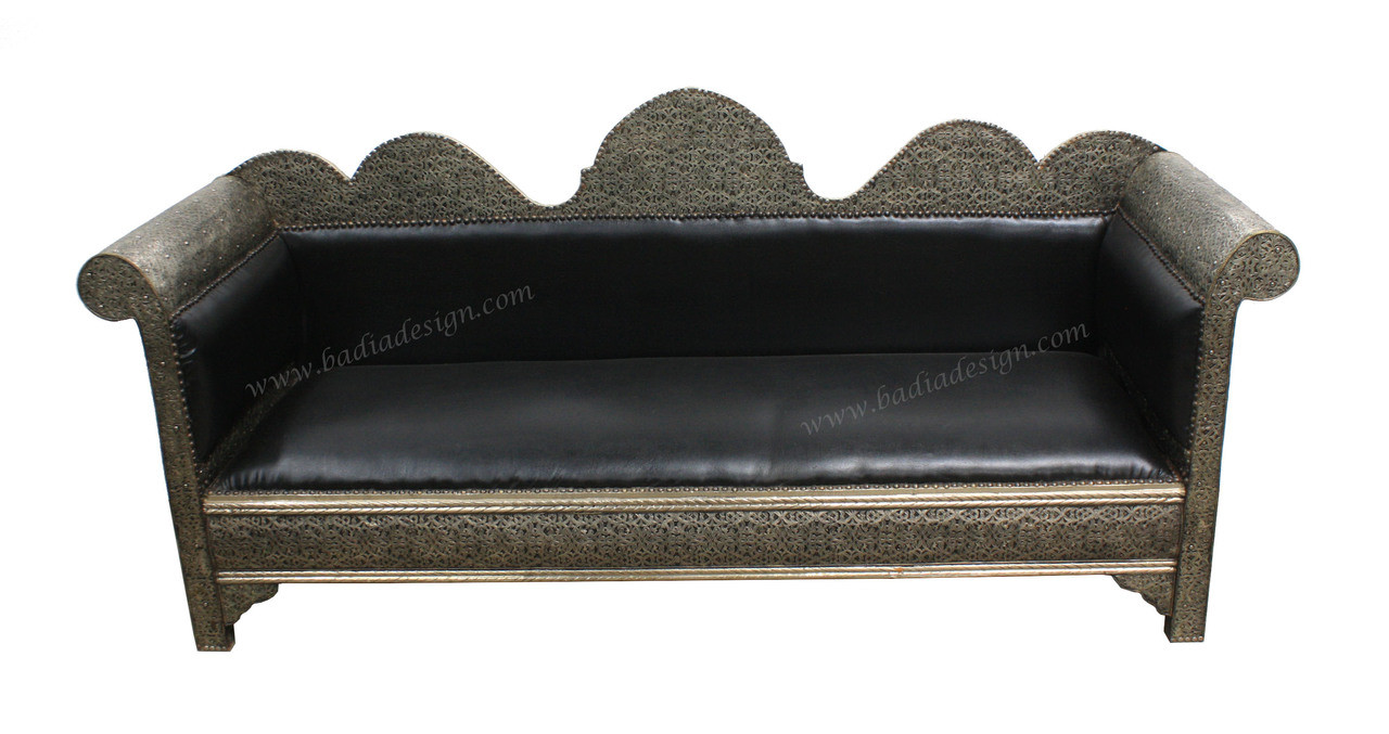 Carved Silver Nickel and Leather Sofa - NK-B001