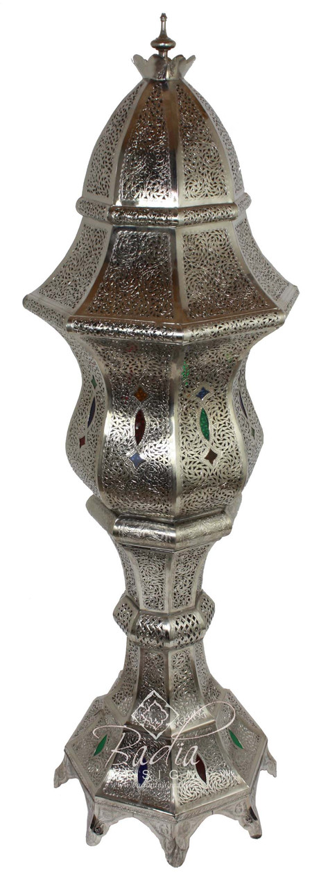 Tall Brass and Silver Metal Floor Lantern with Multi-Color Eyelets - LIG295