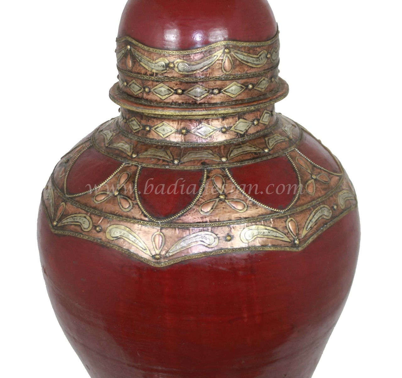 Large Red Hand Painted Metal and Ceramic Urn - VA075