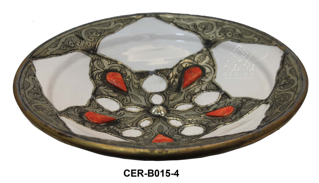 Hand Painted Ceramic Bowl with Metal and Camel Bone - CER-B015