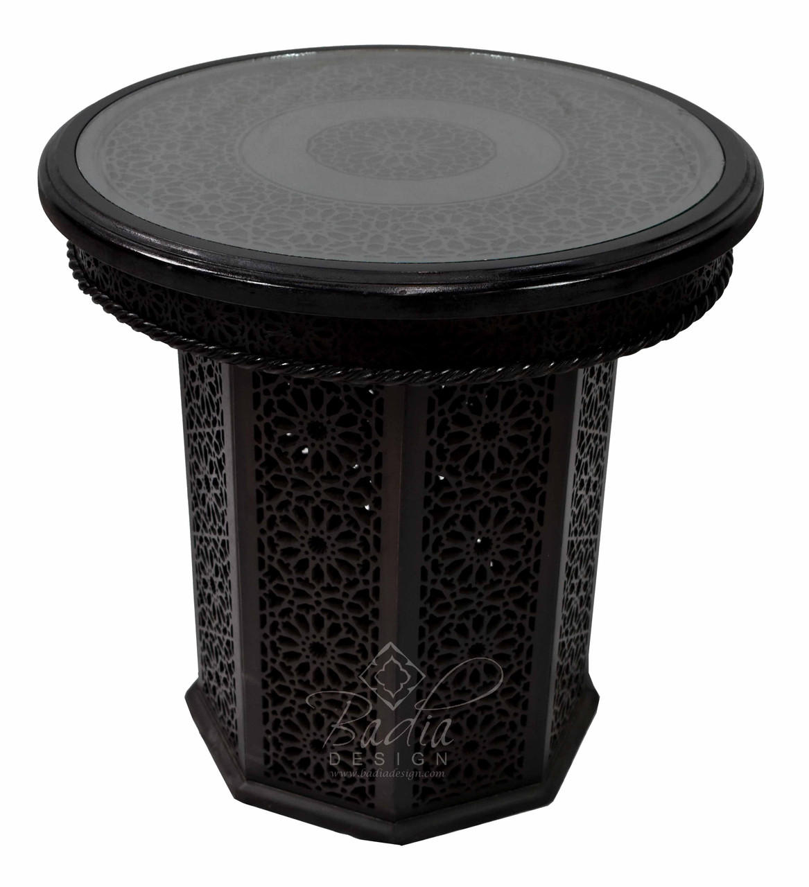 Moroccan Hand Carved Round Top Wooden Side Table with Glass Top from Badia Design Inc.