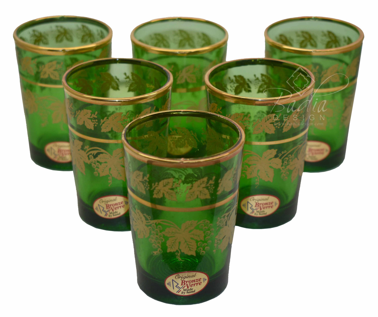 Green Moroccan Tea Glasses with Gold Motif Design - TG023