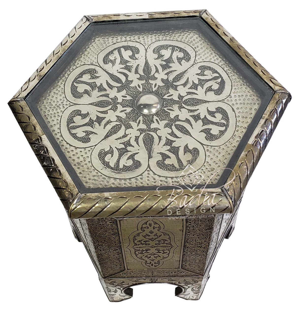 Hand Carved Silver Nickel Side Table with Glass Top - BR-ST015