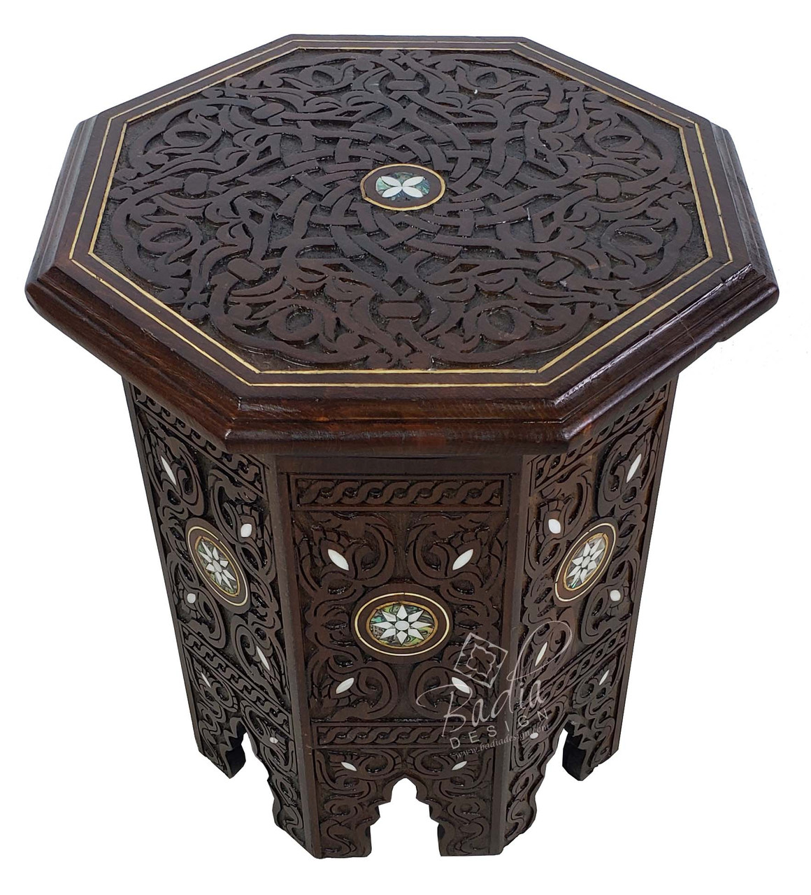 Moroccan Hand Carved Bone Inlay Wooden Side Table from Badia