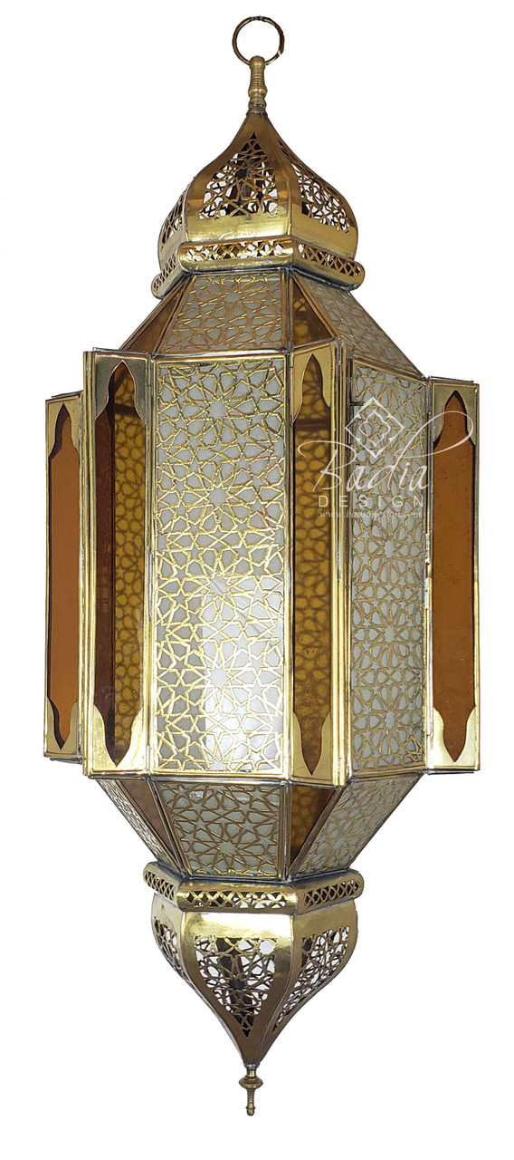 Intricately Designed Brass Chandelier with Amber Color Glass 