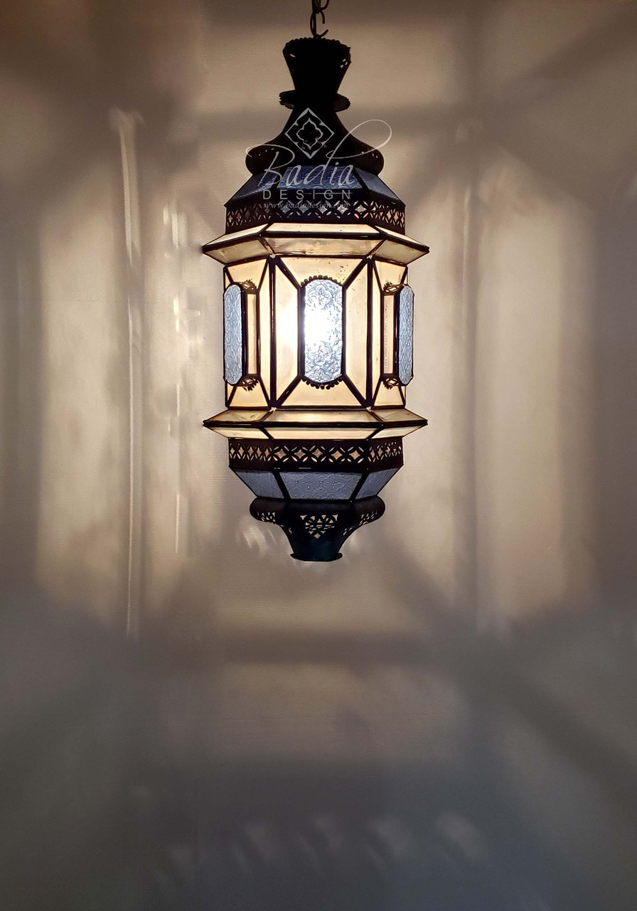 Vintage Hanging Lantern with Blue and White Glass - LIG432