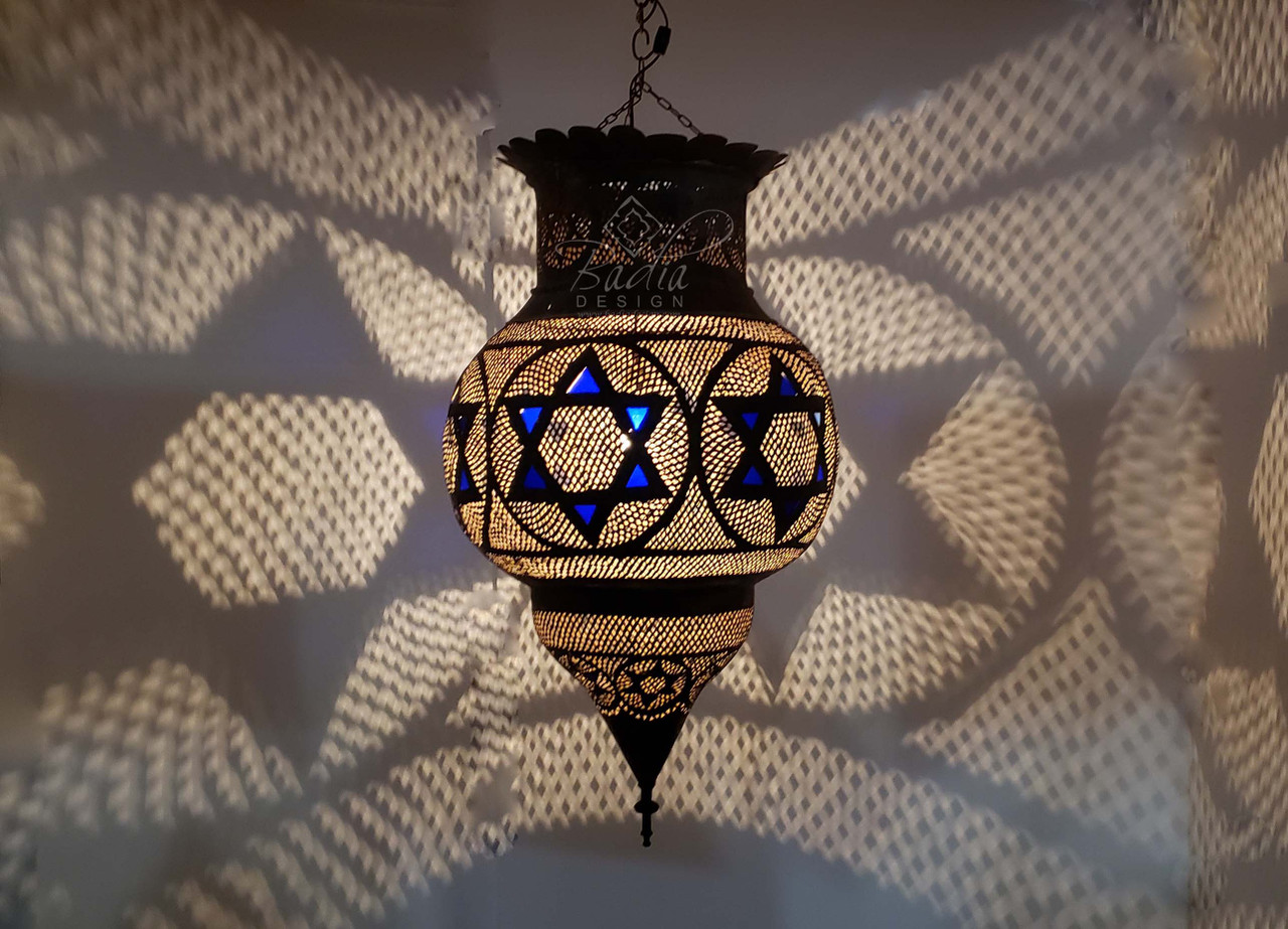 Aged Brass Chandelier with Blue Glass Eyelets 