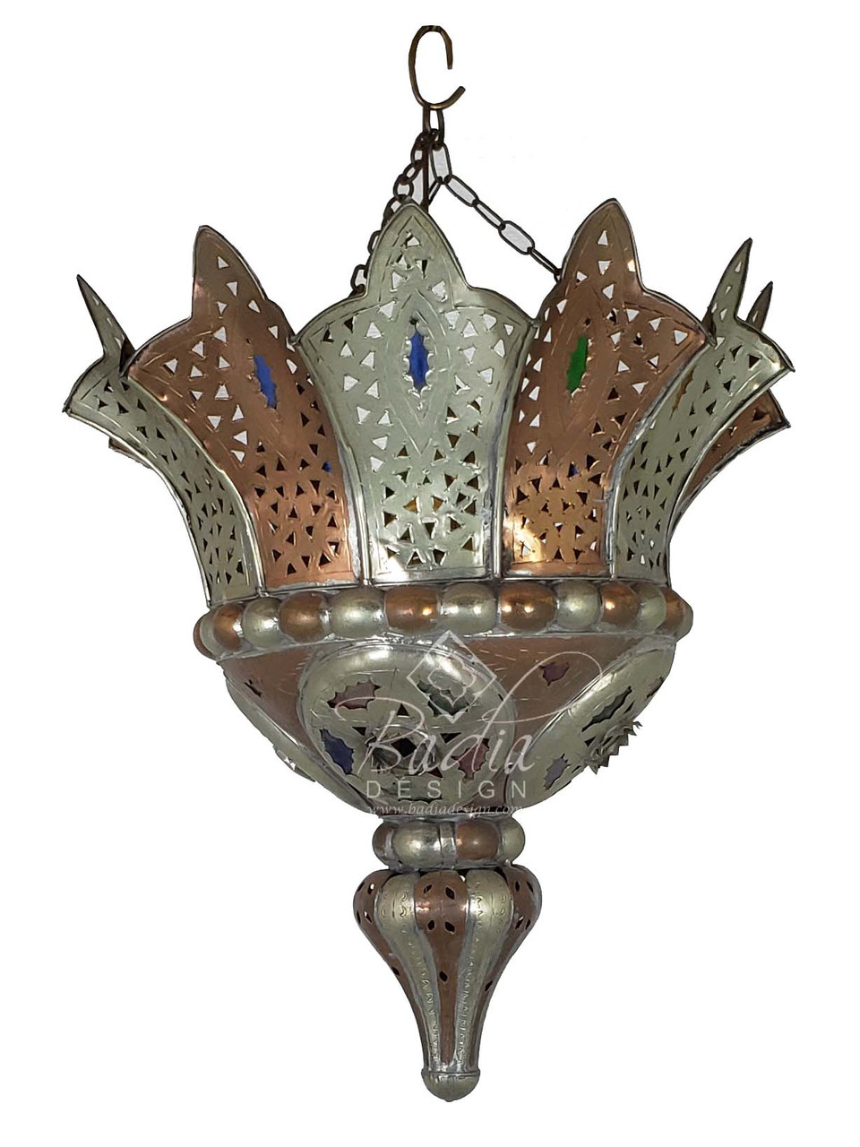 Small Moroccan Brass and Silver Chandelier with Multi-Color Glass