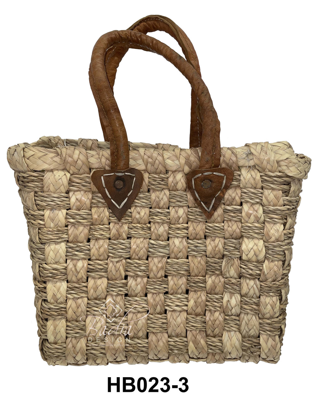 Natural Color Handwoven Straw Handbag with Leather Handle - HB023