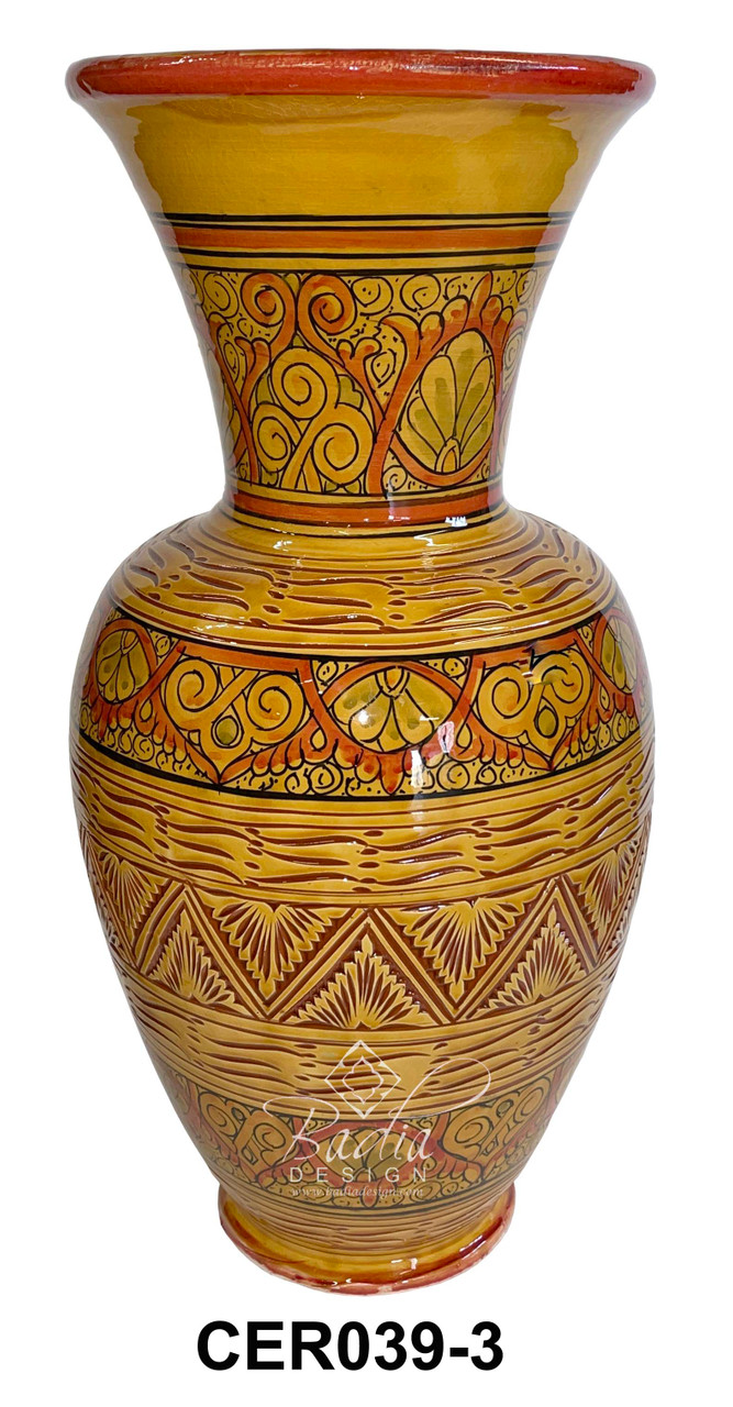 24 Inch Tall Hand Painted and Carved Ceramic Vase - CER039