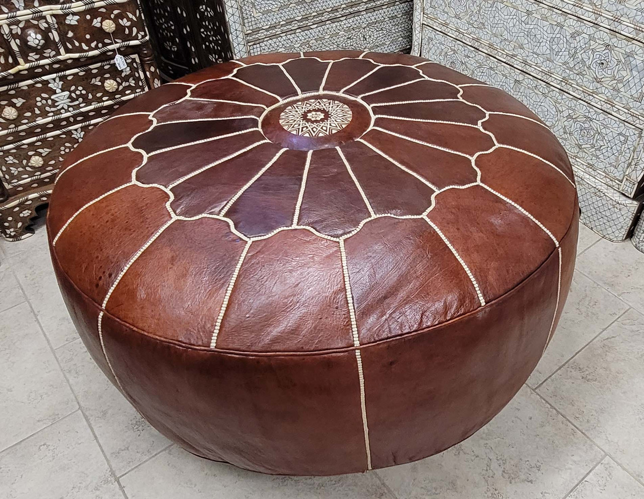 Extra Large Round Leather Pouf - RLP014