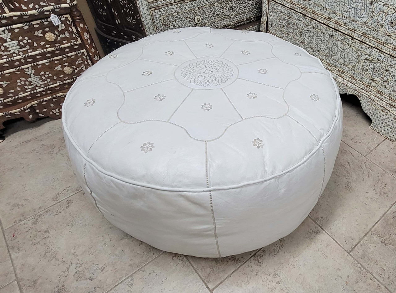 Large White Round Leather Pouf - RLP017