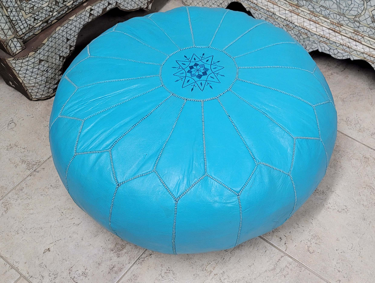 Round Turquoise Color Leather Pouf - RLP020