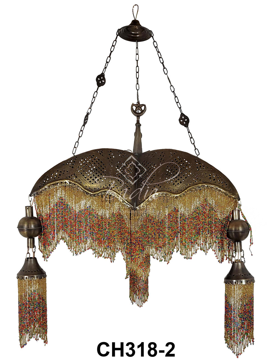 Three Prong Beaded Brass Chandelier - CH318