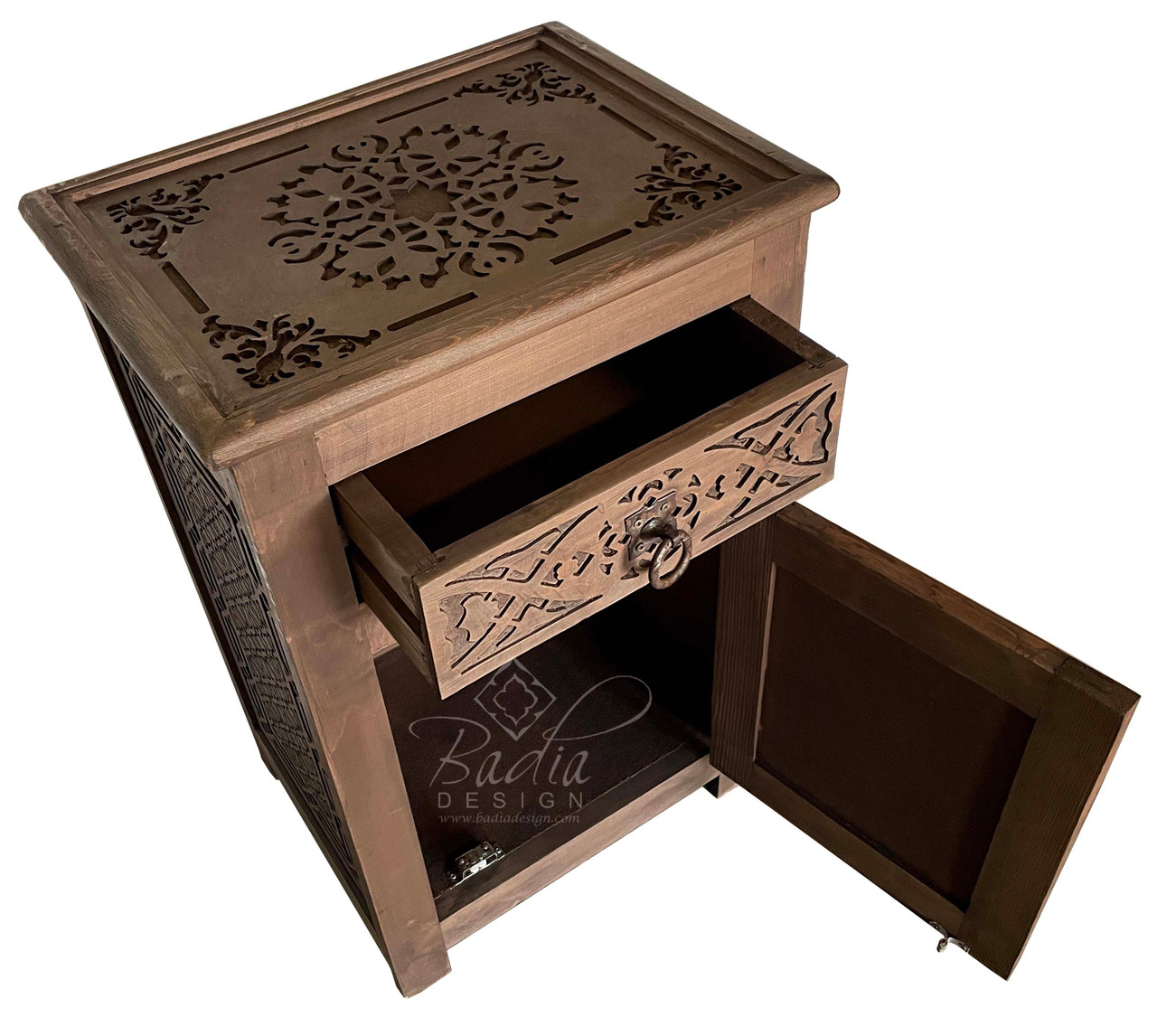Stained Hand Carved Wooden Nightstand - CW-NS008