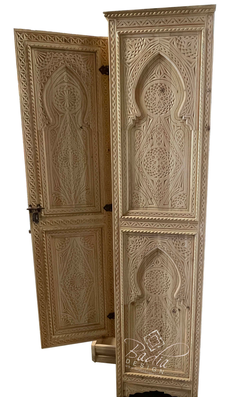 Tall Unstained Hand Carved Wooden Cabinet - CW-CA104