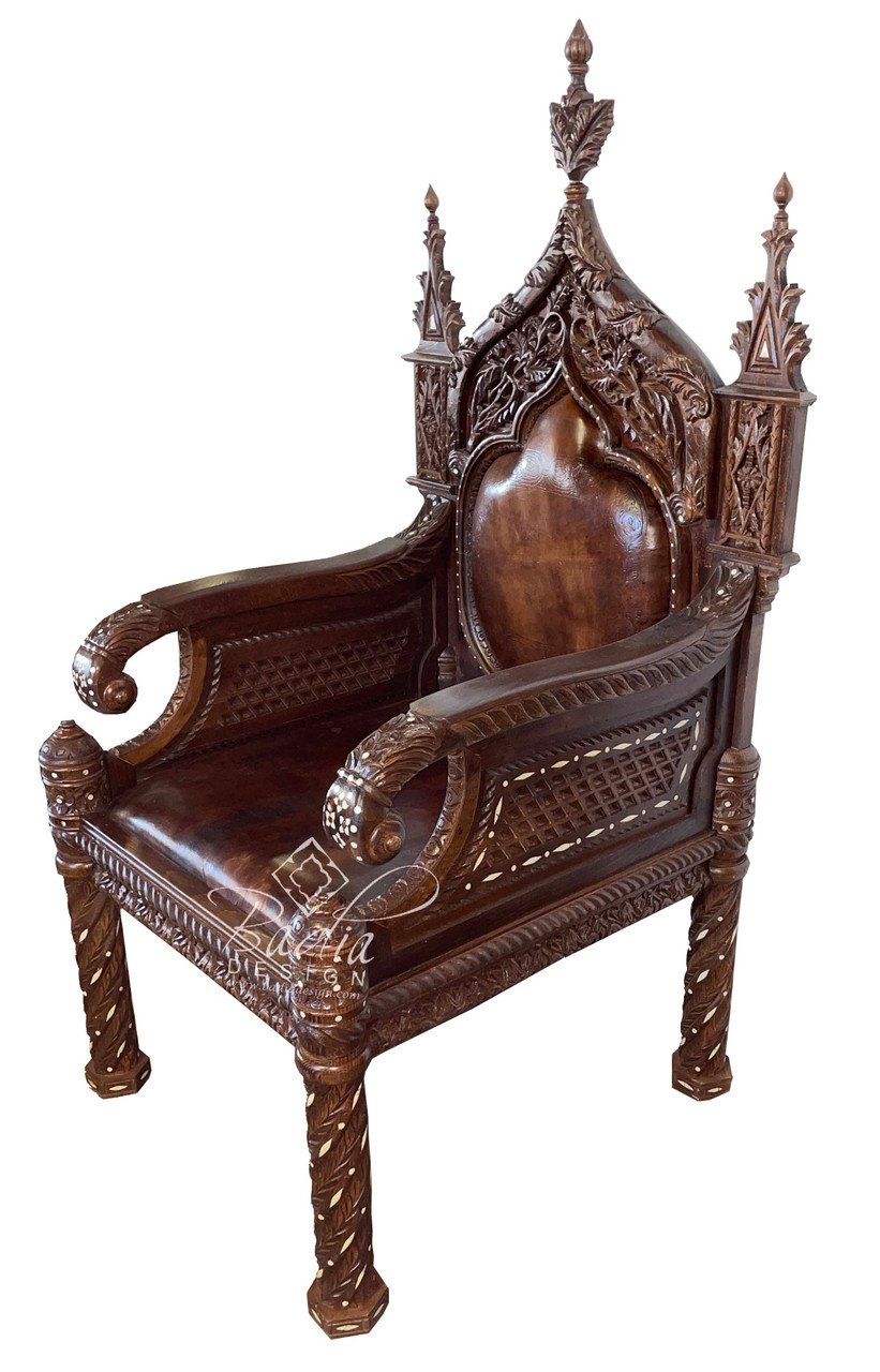 Large Stained Hand Carved Wooden Chair with Bone Inlay - CW-CH023