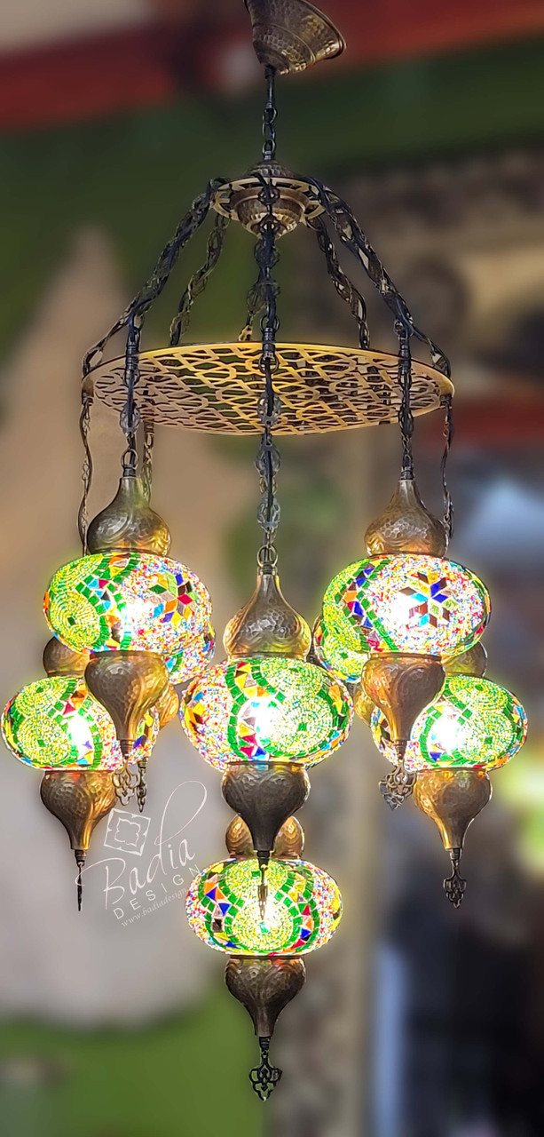Green and Multi-Color Glass Turkish Moroccan Chandelier - TK-CH020
