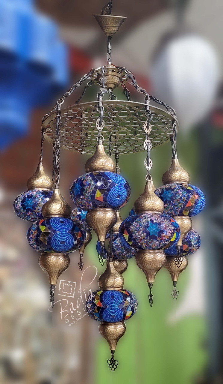 Turkish Moroccan Chandelier with Blue Multi-Color Mosaic Glass - TK-CH021