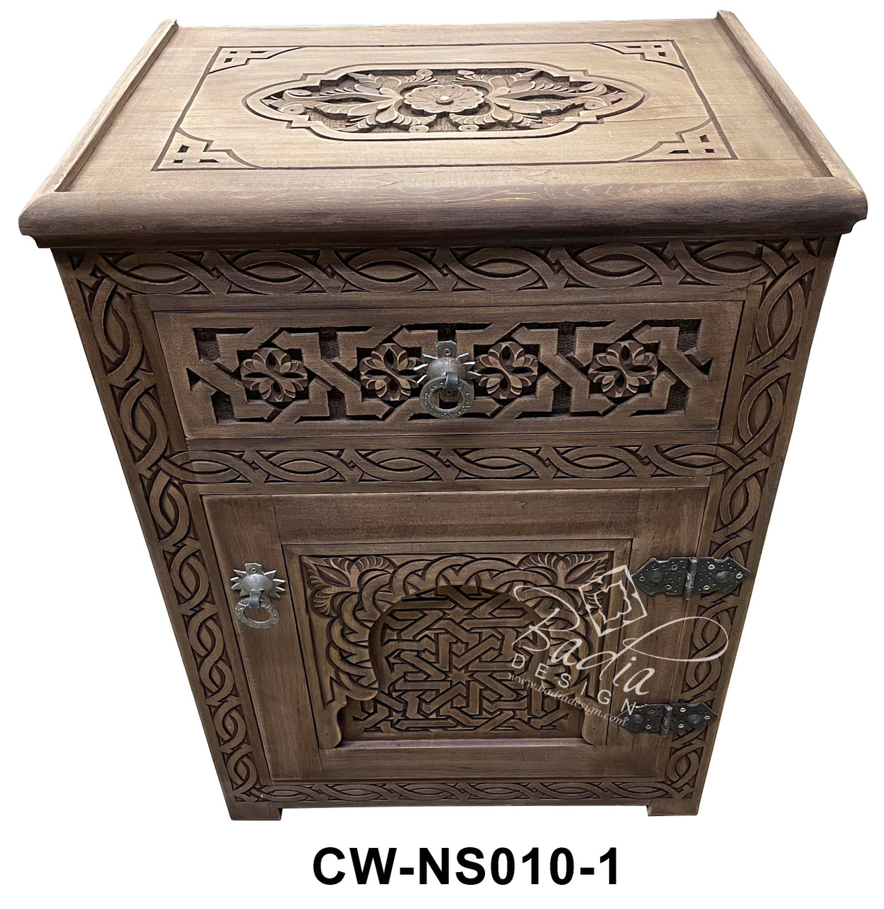 Stained Hand Carved Wooden Nightstand - CW-NS010