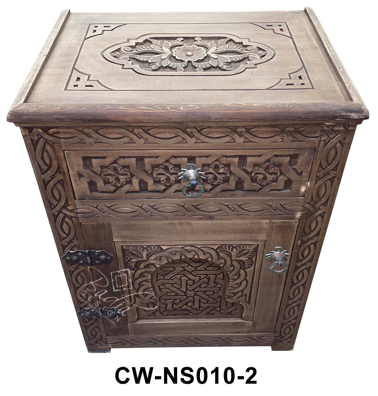 Stained Hand Carved Wooden Nightstand - CW-NS010