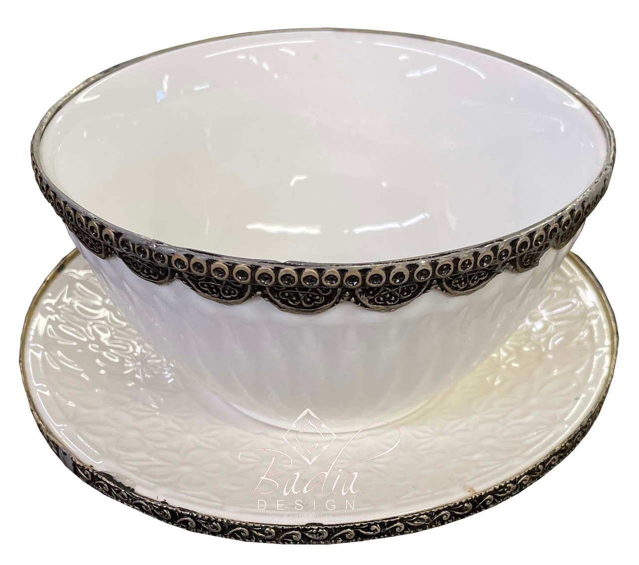 Small White Ceramic Bowl and Saucer with Silver Metal Rim - CER-B021