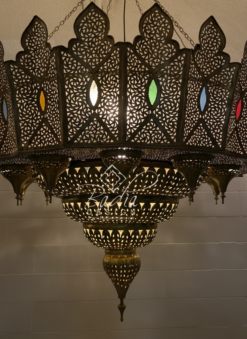 Large Brass Chandelier with Multi-Color Glass Eyelets - CH367