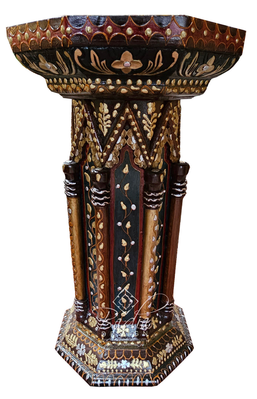 Hand Carved Wooden Pedestal Adorned with Metal Decor - CW-ST067